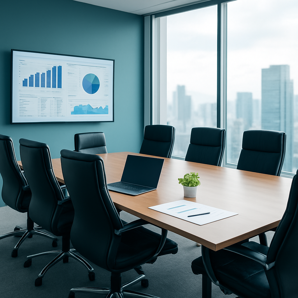 Sala riunioni executive con dashboard strategiche